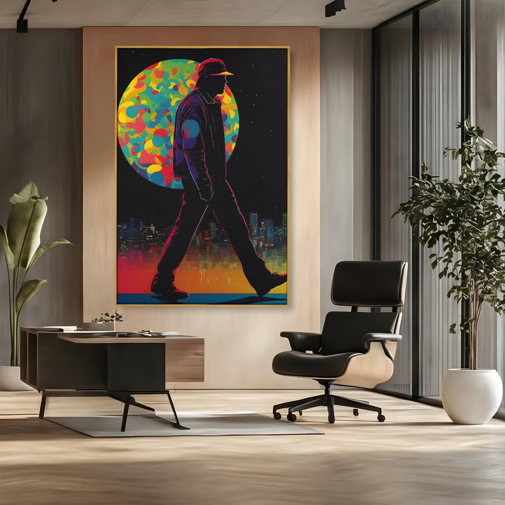 Tablou canvas cu silueta unui barbat mergand pe fundal urban, in rama de aluminiu auriu, pe perete intr-un birou